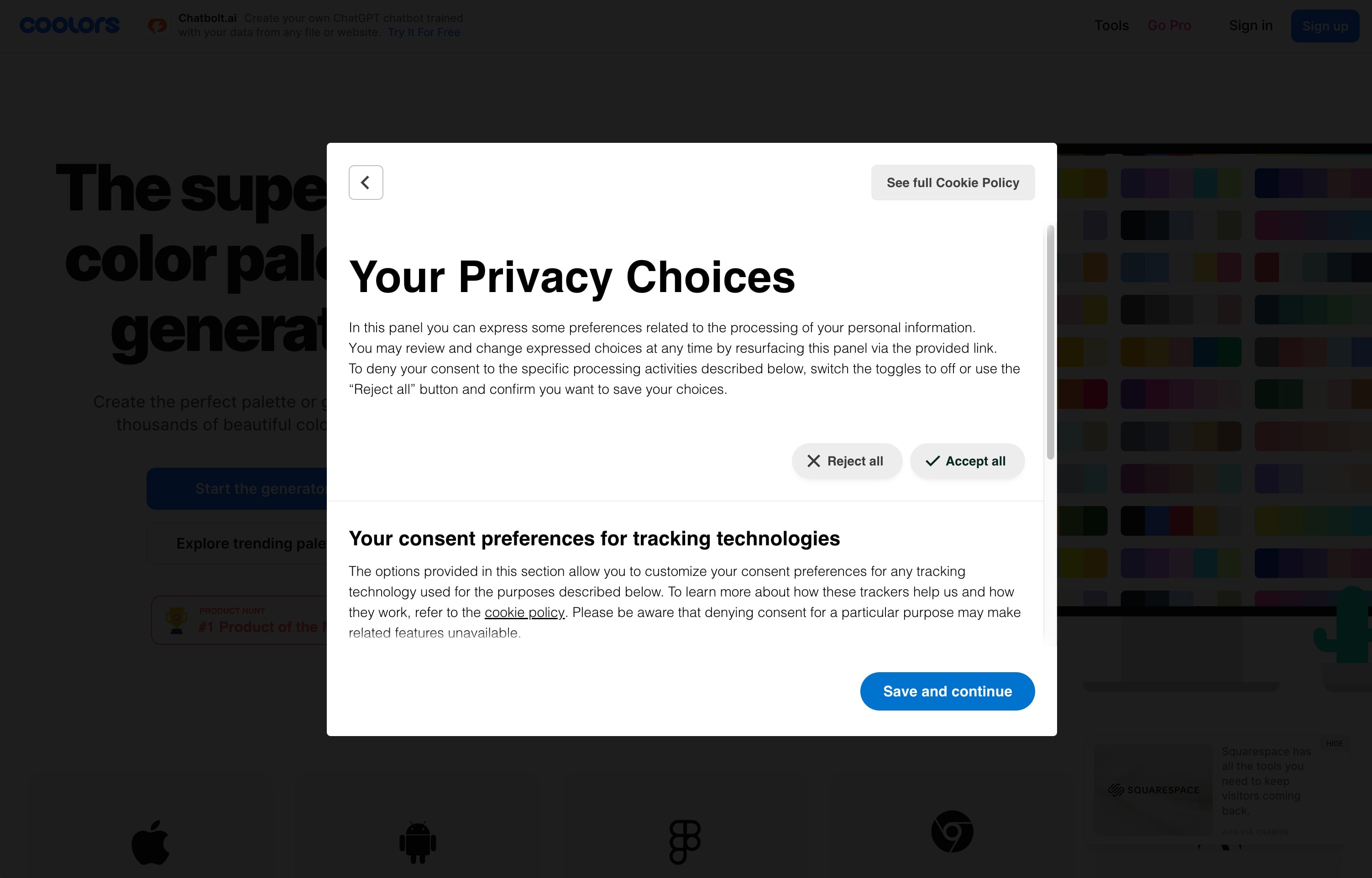 A cookie policy modal detailing the types of cookies a website uses and a 'Save and continue' button.