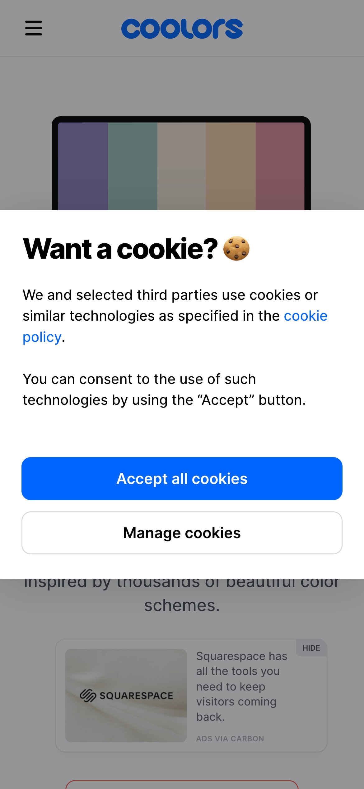A responsive cookie consent popup on a website with options to 'Accept all cookies' and 'Manage cookies.'