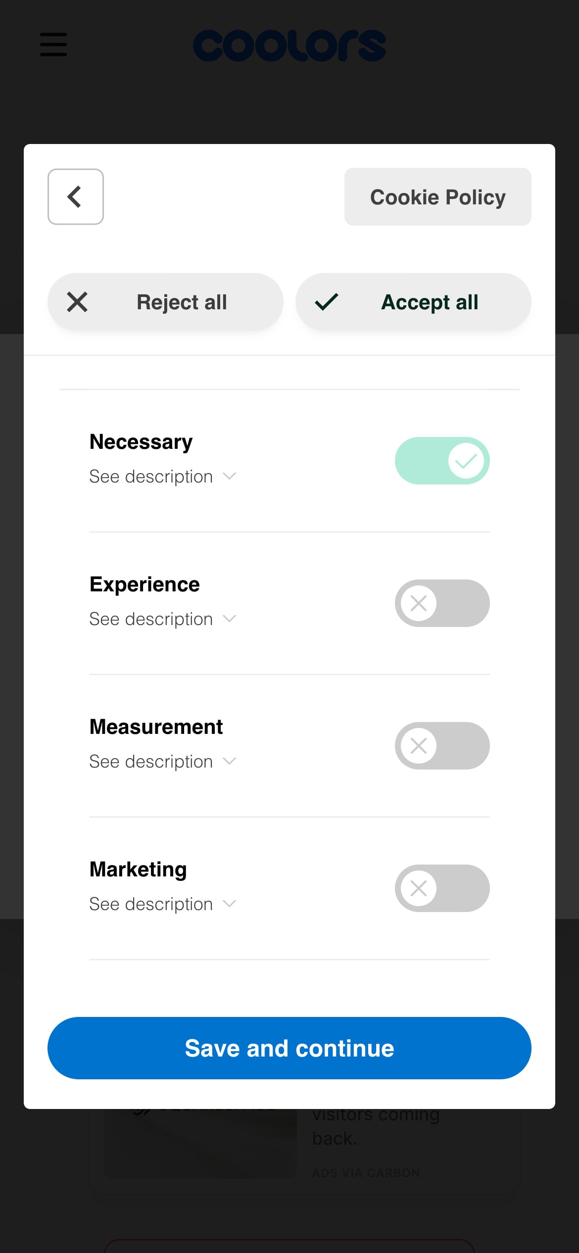 A cookie policy modal detailing the types of cookies a website uses and a 'Save and continue' button.