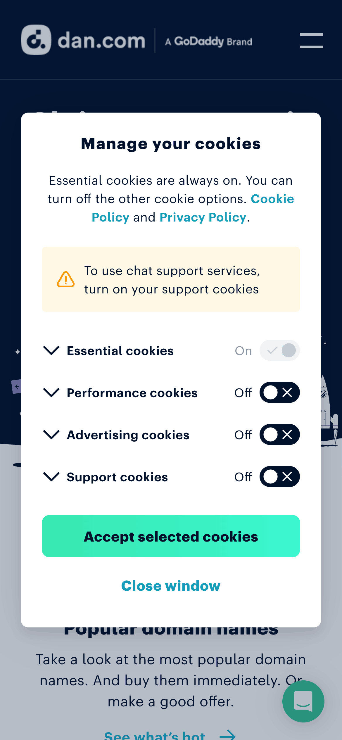 Cookie management pop-up on dan.com with toggles for various cookie types.