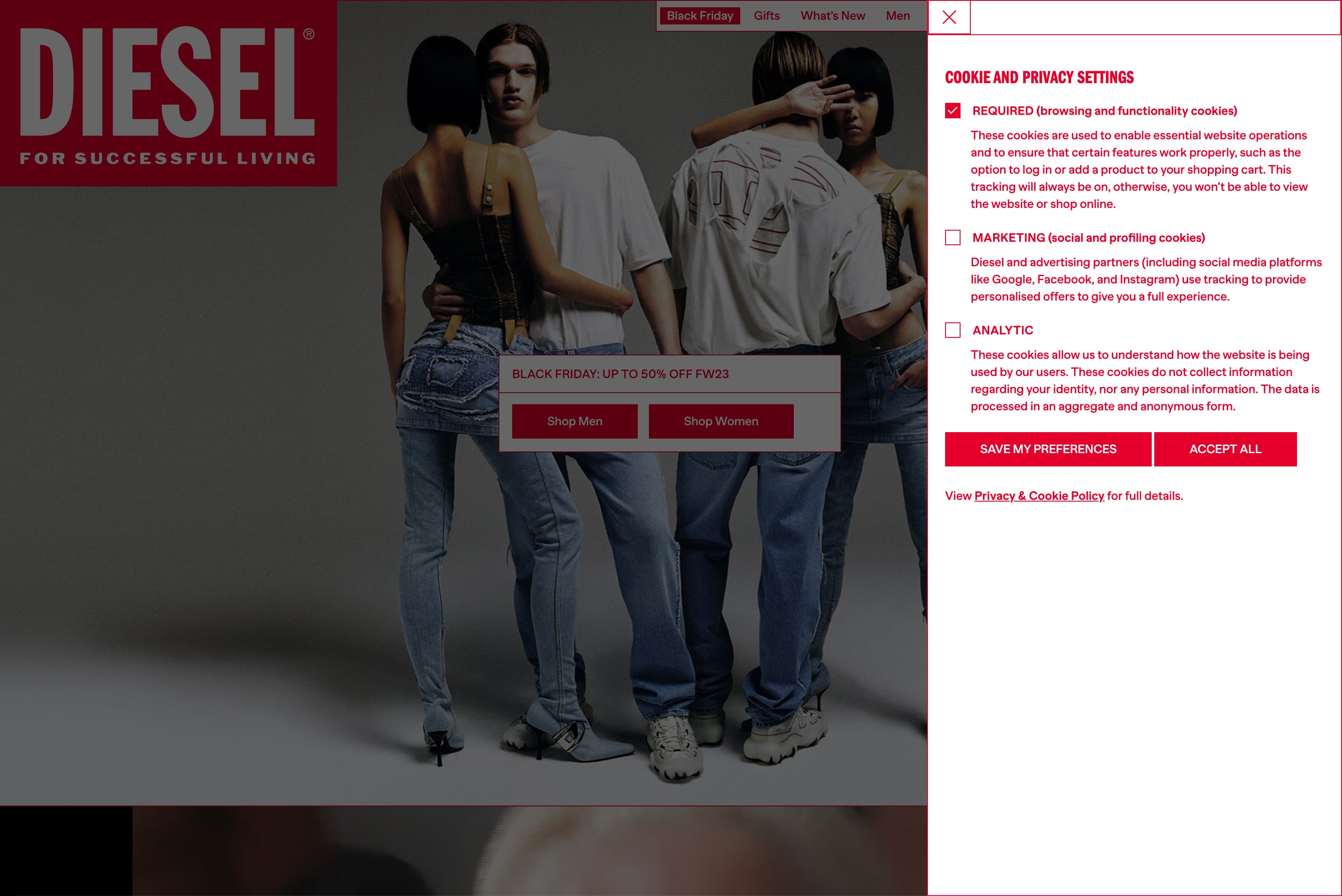 A cookie consent overlay opening on the right edge of a desktop website