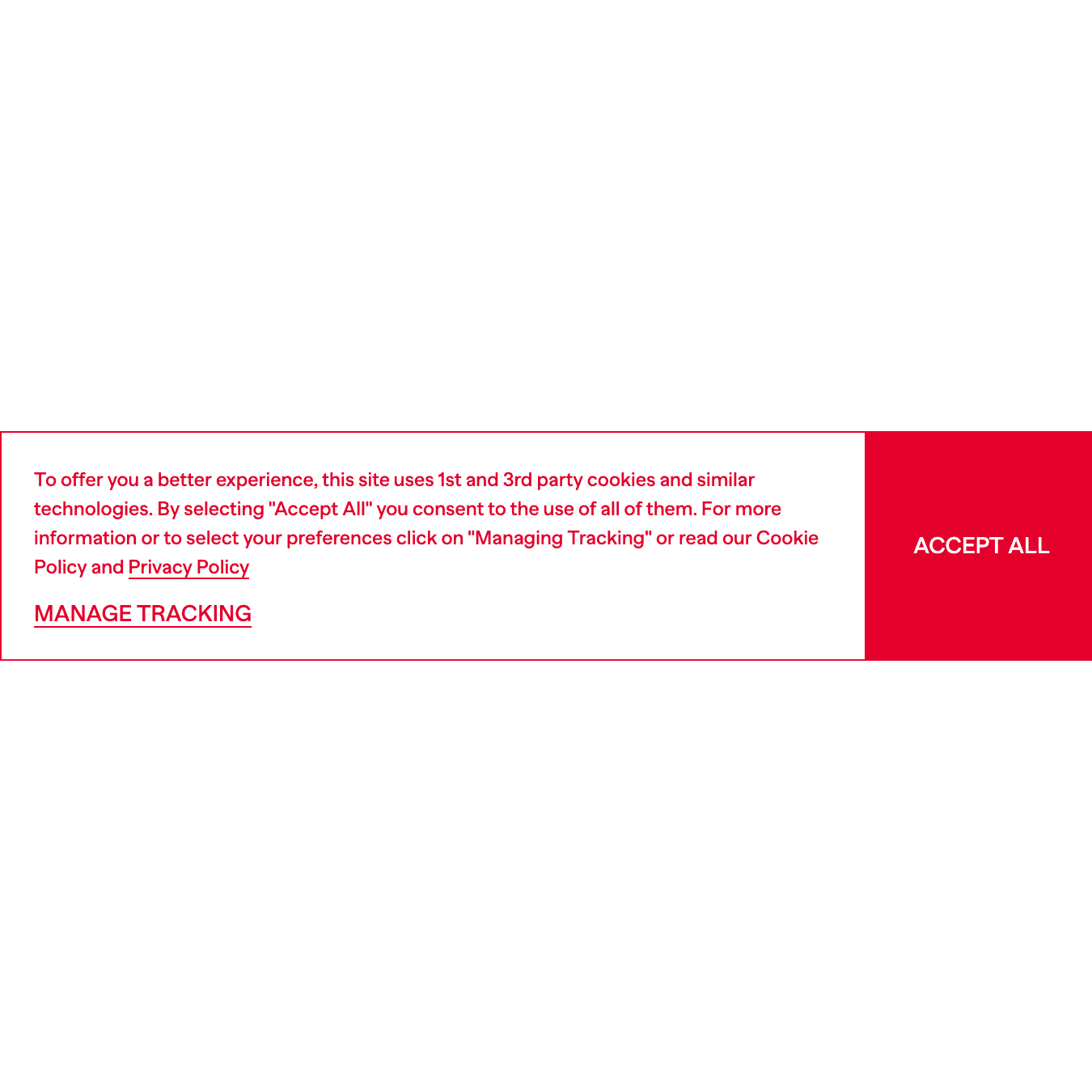 a cookie consent banner with a white background and red text with a large red Accept All button