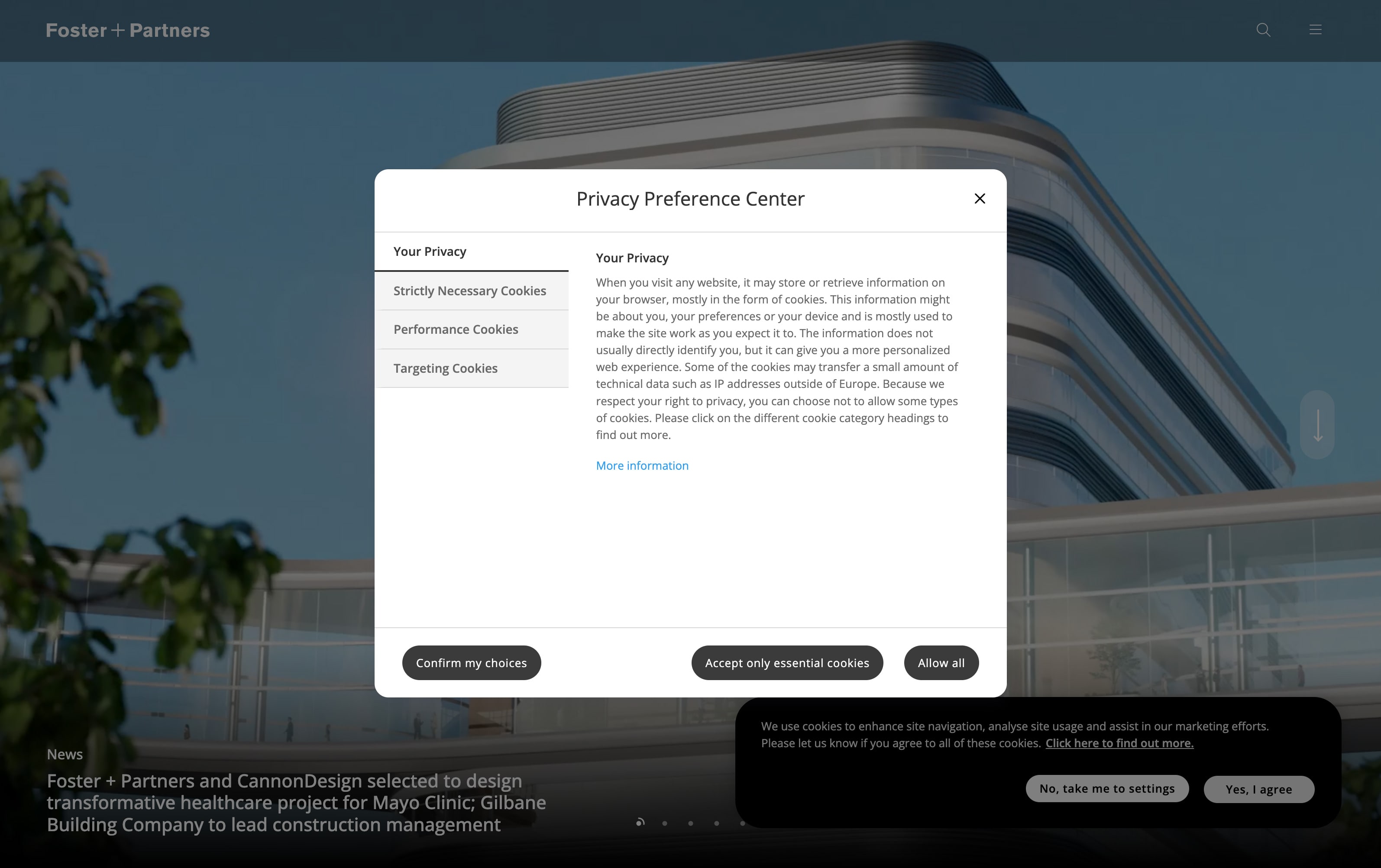 A pop-up on a website, offering cookie settings for strictly necessary, performance, and targeting cookies.