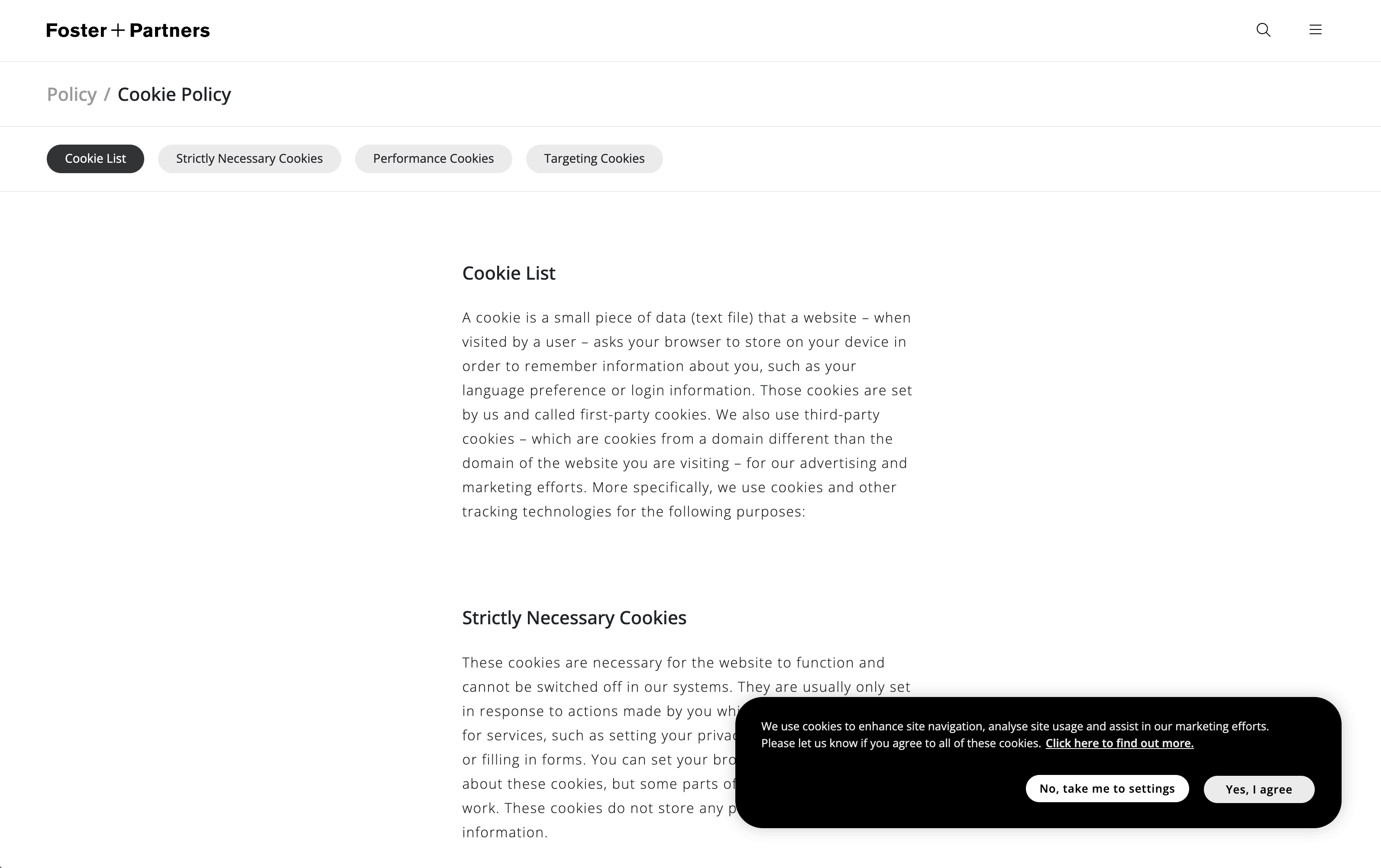 A cookie policy page with categories for different cookies and a consent pop-up with options to agree or change settings.