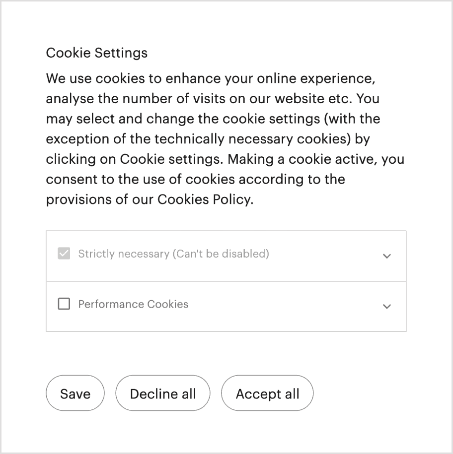 A cookie settings modal detailing the types of cookies a website uses with 'save' 'decline all' and 'accept all' options.
