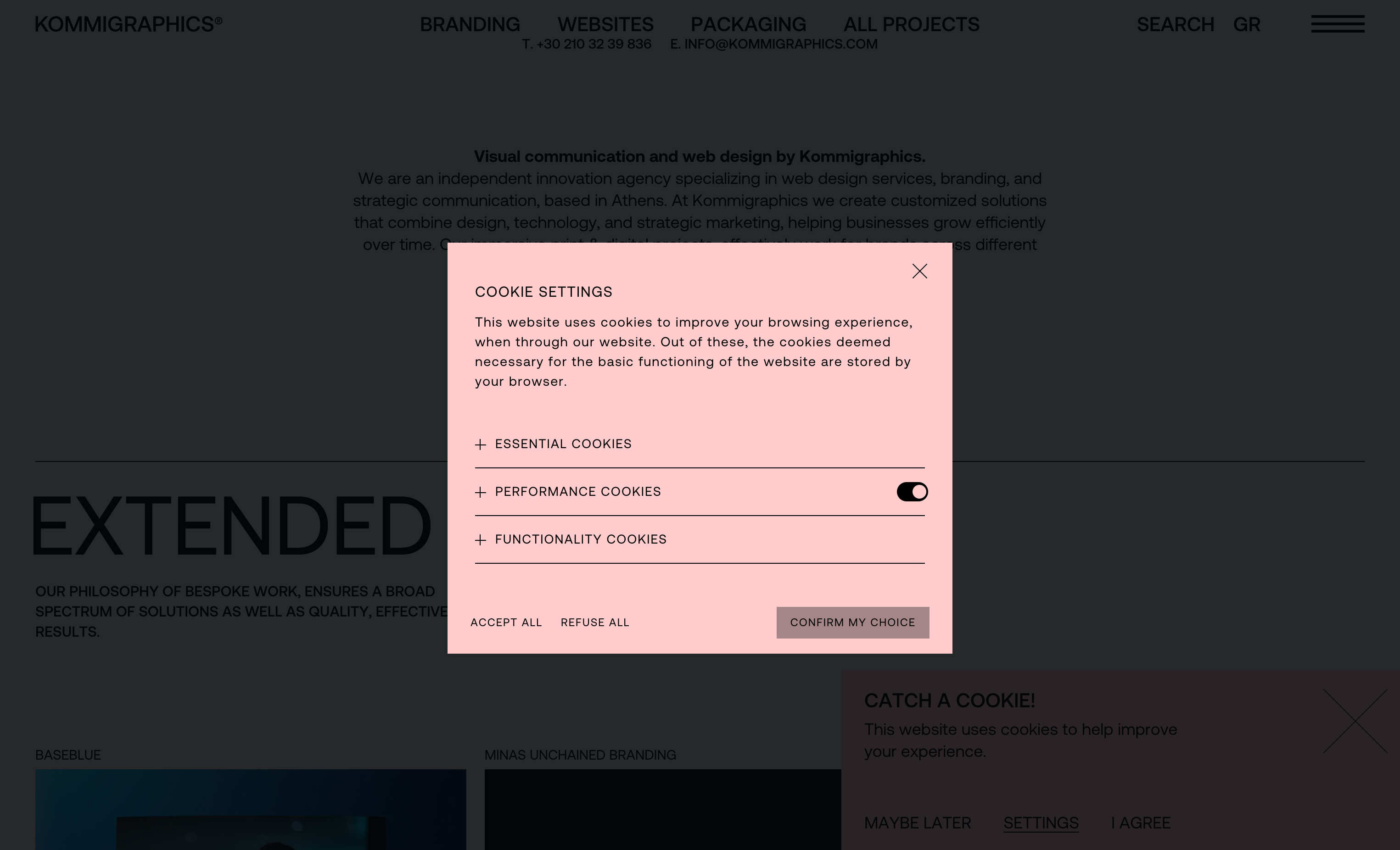 A pink cookie banner modal with a dimmed background
