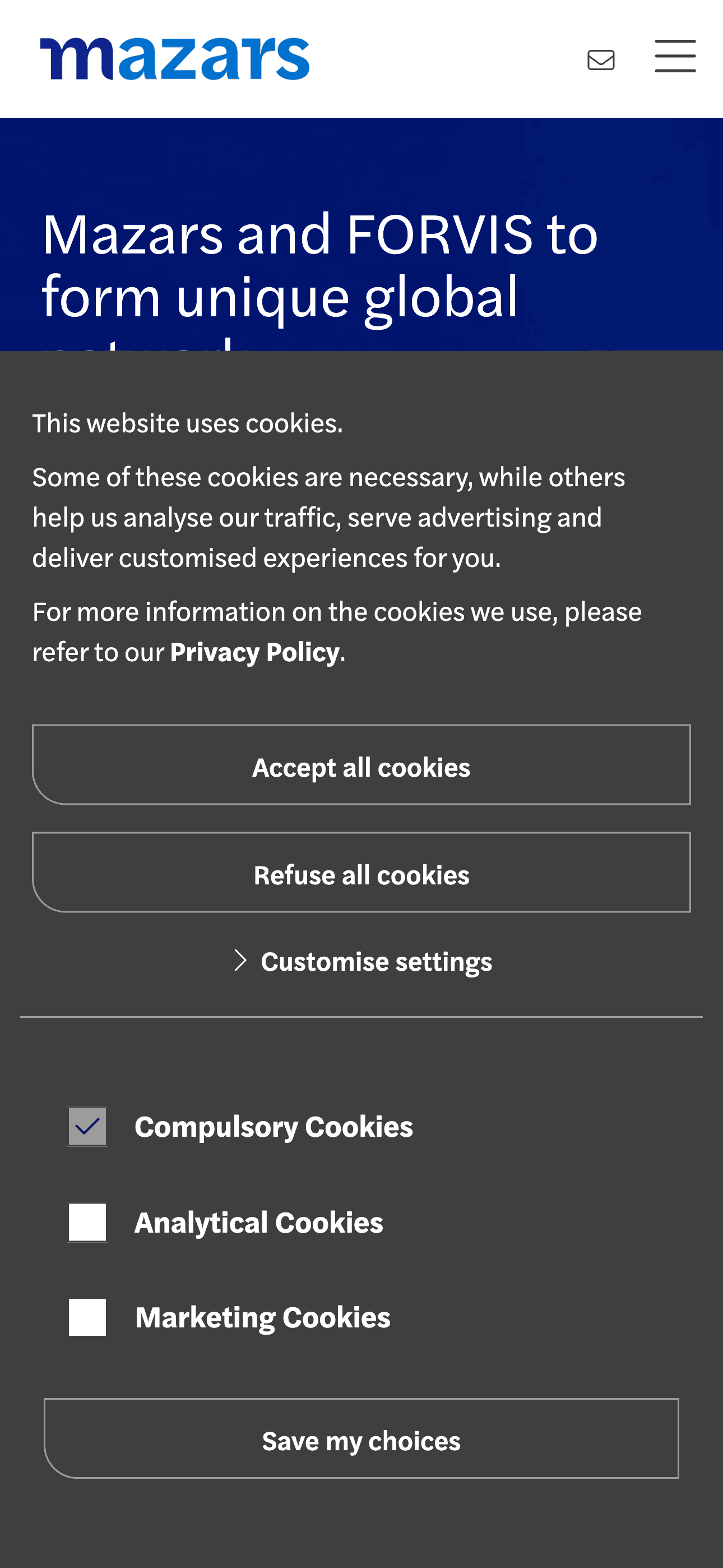 A gray, mobile cookie consent notice with various options to manage cookie consent.