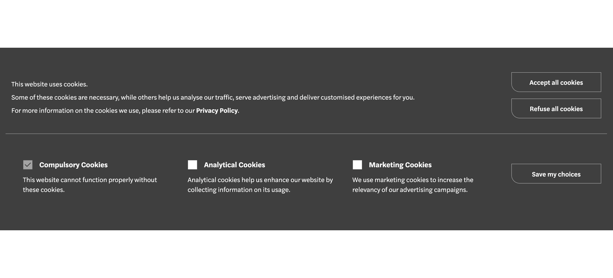 A gray, mobile cookie consent notice with various options to manage cookie consent.