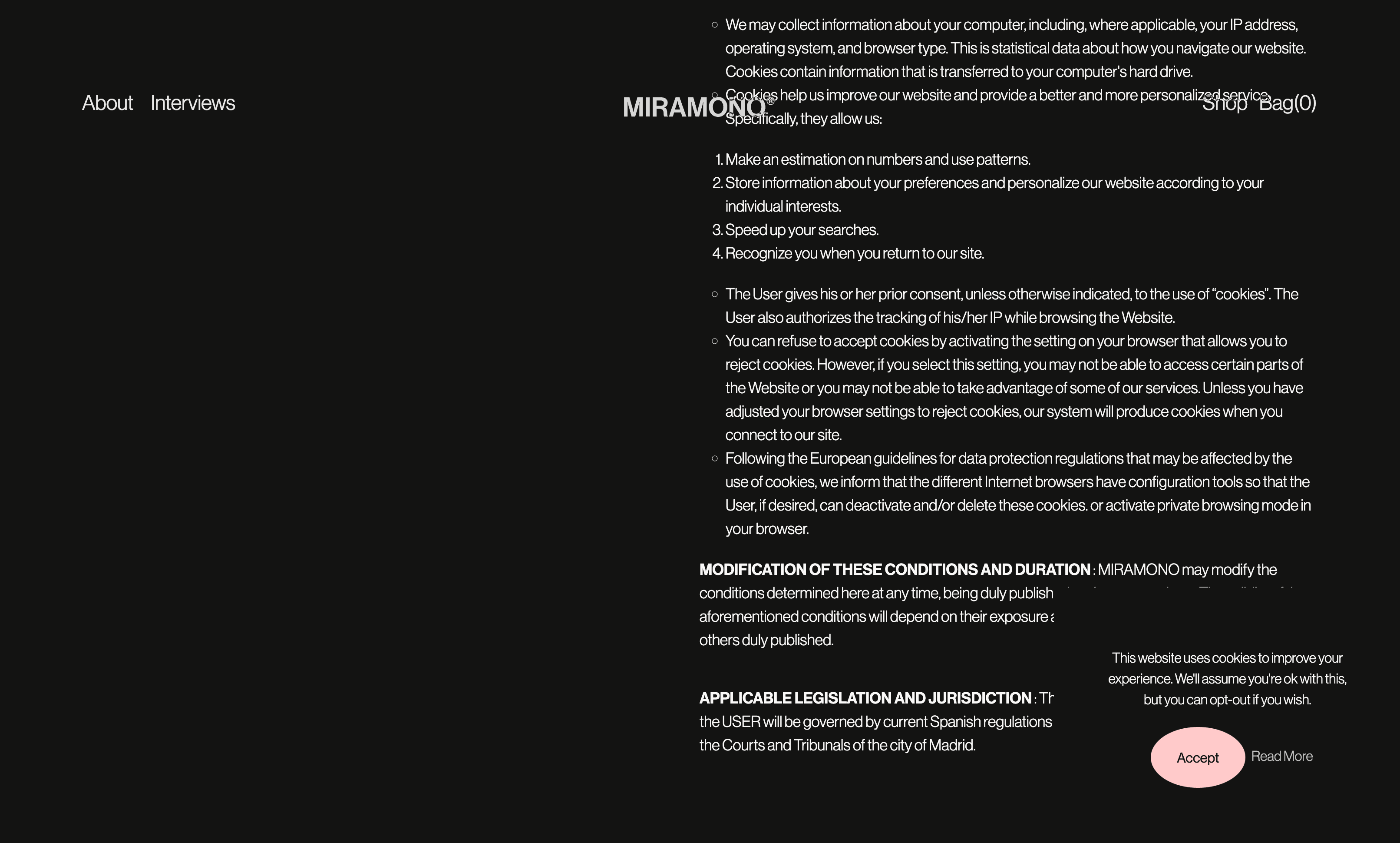 A black cookie consent banner on a website with options to Accept or Read More