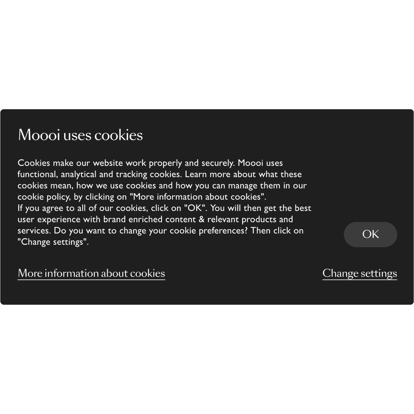 Cookie consent box detailing Moooi's use of cookies with 'OK' and 'Change settings' buttons.
