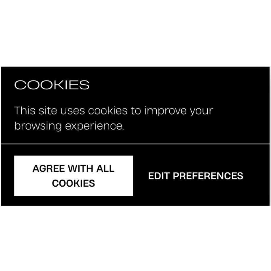 A good design of a cookie consent banner with 'AGREE WITH ALL COOKIES' and 'EDIT PREFERENCES' buttons on a black background.