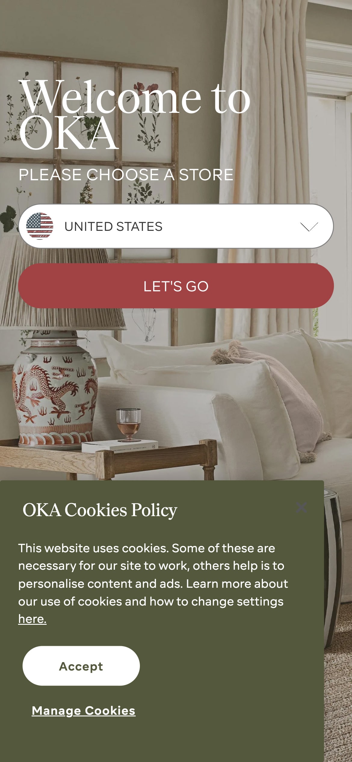A muddy green cookie policy notice on a responsive website with 'Accept' and 'Manage Cookies' options.