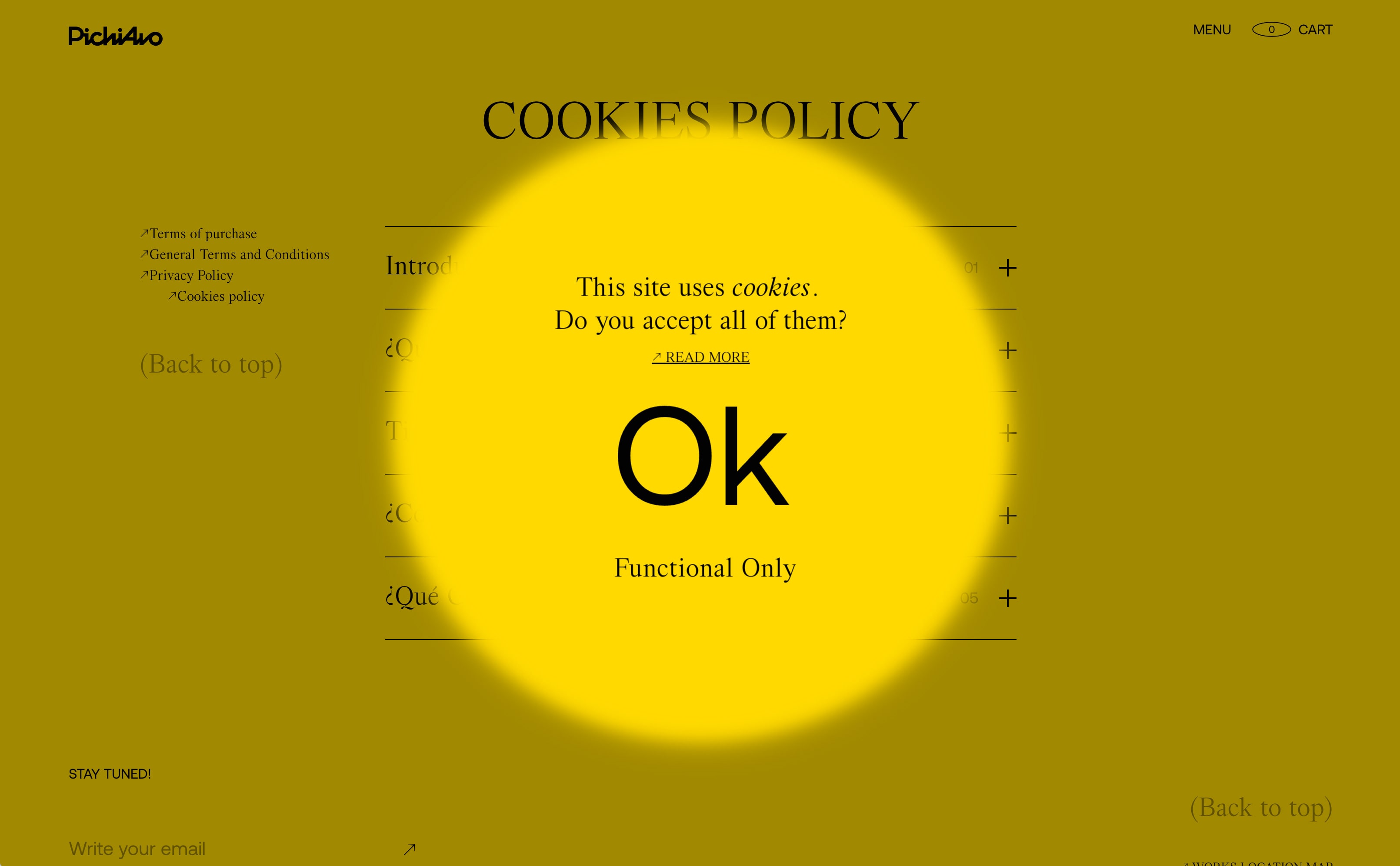 Circular cookie consent overlay on a website, with 'OK' and 'Functional Only' buttons.