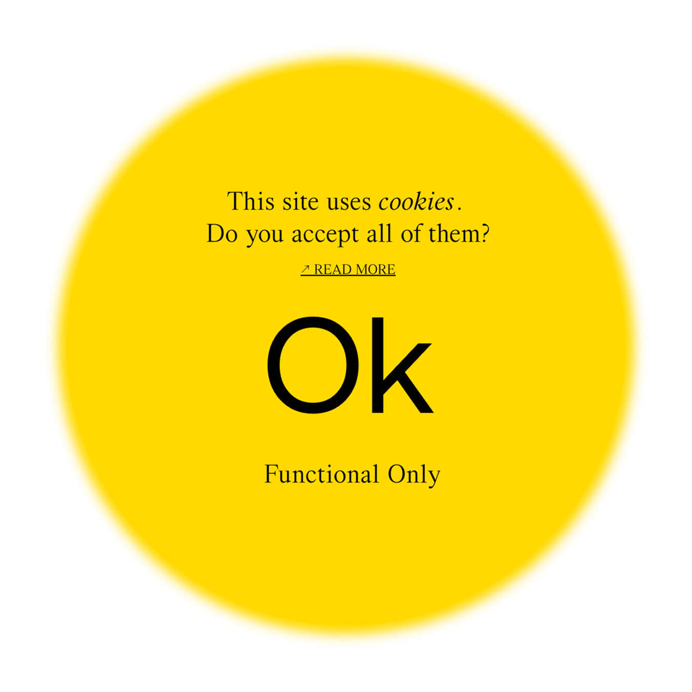 Circular cookie consent overlay with 'OK' and 'Functional Only' buttons.