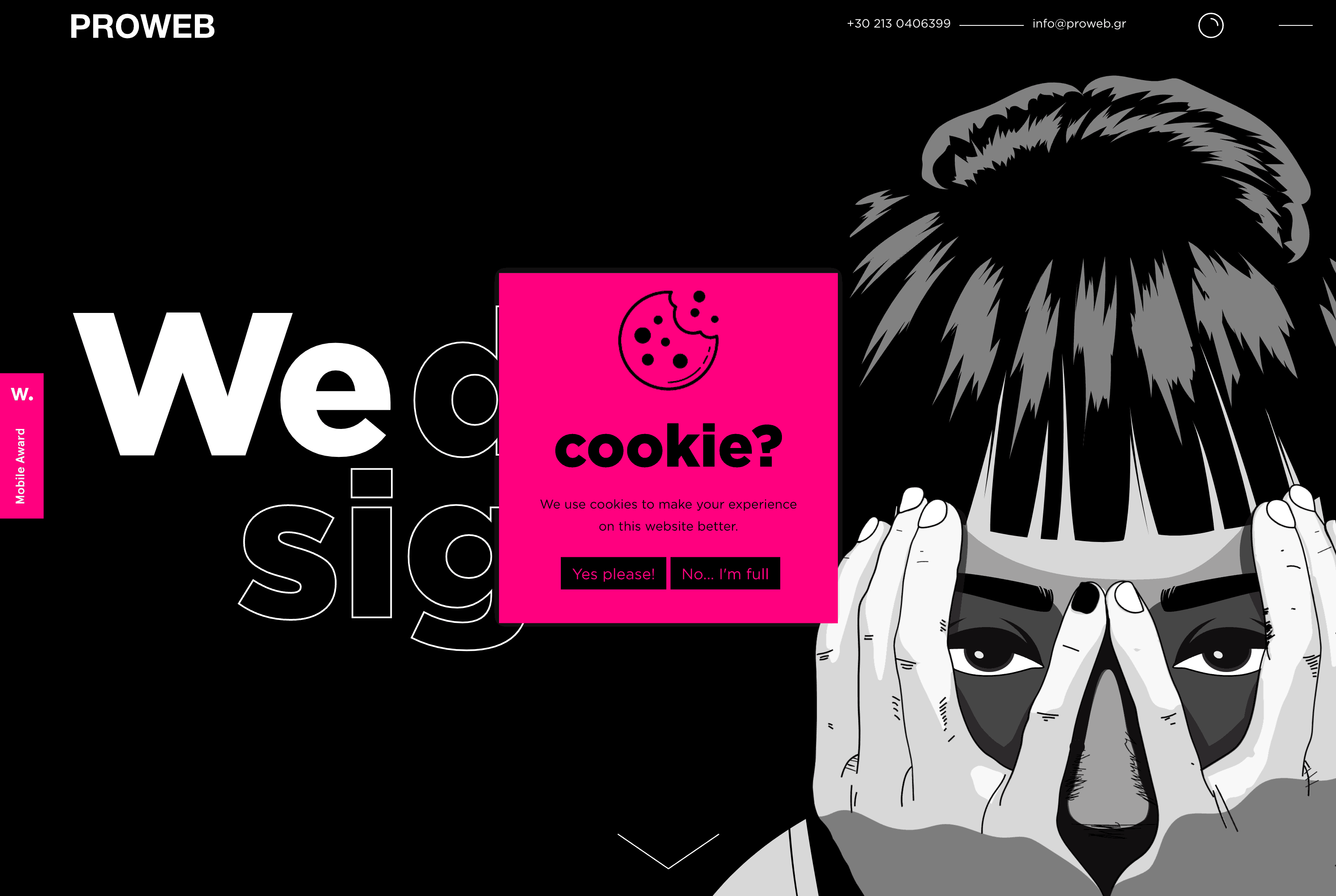Creative cookie consent banner with options 'Yes please!' and 'No... I'm full' on a boldly designed website.