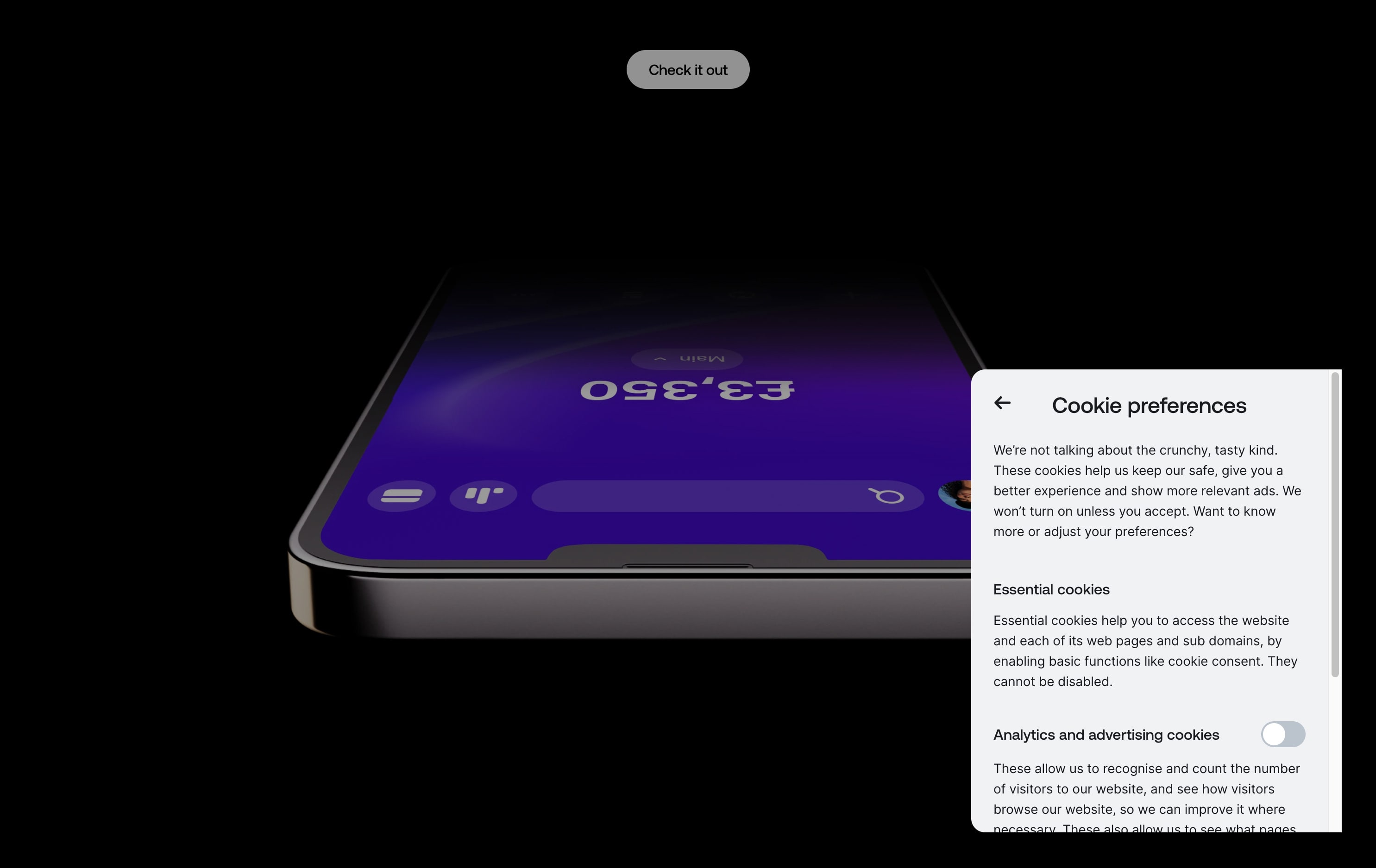 A cookie preferences interaction detailing the types of cookies a website uses