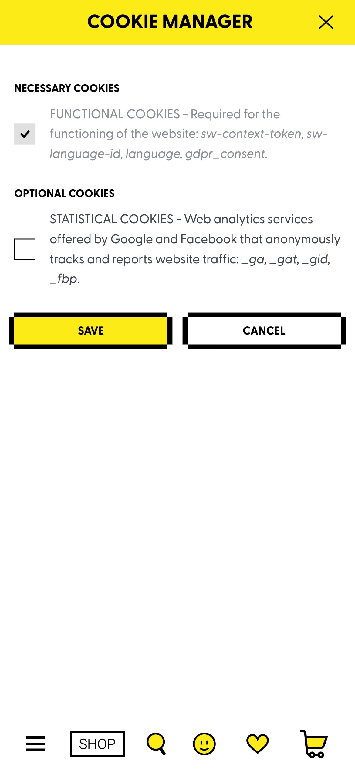 A cookie options modal detailing the types of cookies a website uses and 'Save' and 'Cancel' buttons.