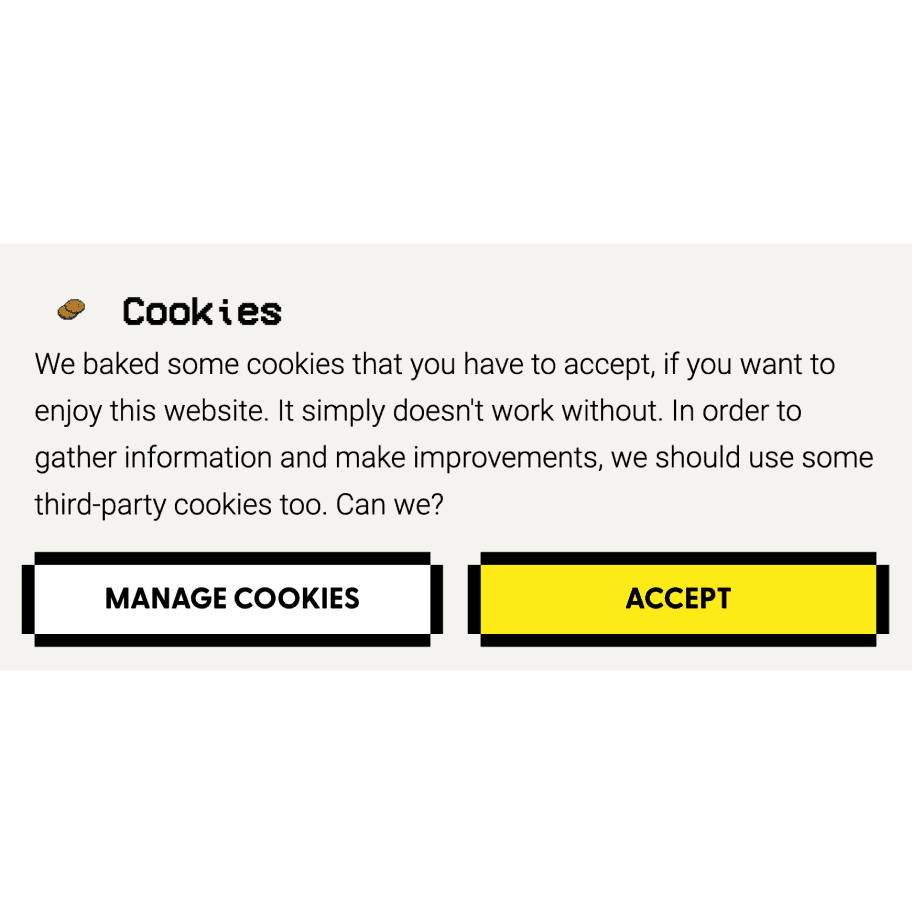 A creative design of a cookie banner with 'manage cookies' and 'accept' buttons